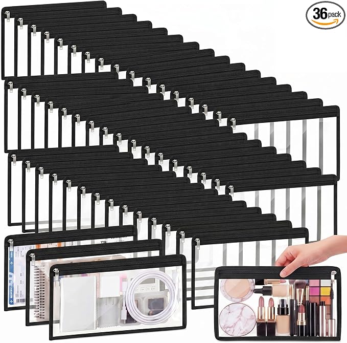 Ireer 36 Pcs Clear Zipper Pouches PVC Waterproof Pouch Bags Transparent Zipper Pouch Clear Storage Bags Multipurpose for Organizing Travel Cosmetics Document File (Black,11.5 x 7 Inch)