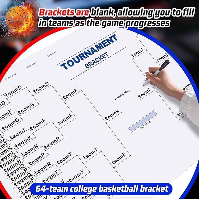 Pasimy 64 Team Basketball Tournament Bracket Board 24 x 36 Inch Reusable Sport Team Dry Erase Board Blank with Marker Pen Cloth Eraser for Game School Classroom Gift Party Favor