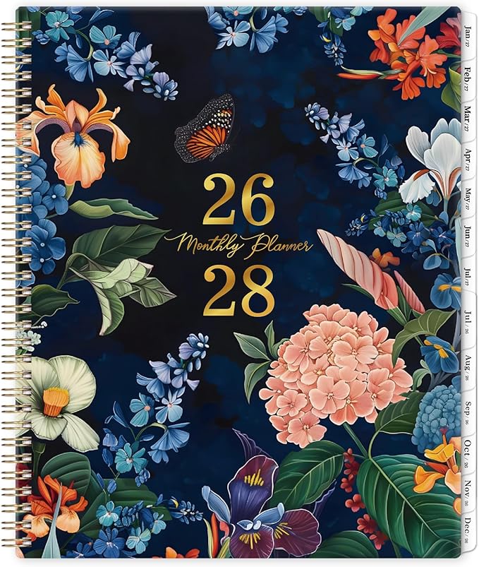 Monthly Planner/Calendar 2026-2028 - Monthly Calendar 2026-2028, July 2026 - June 2028, 9" x 11", 2 Years monthly Planner with Tabs, Contacts + Back Pocket + Twin-wire Binding - Floral