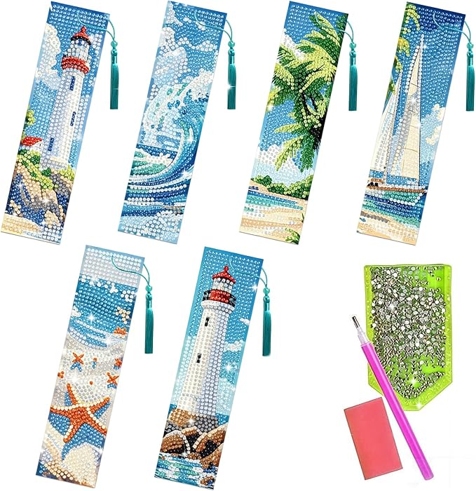 6Pcs 5D Diamond Painting Bookmarks Kit, Ocean Theme DIY Diamond Art Book Marks with Tassels, Diamond Dotz Bookmark Set for Adults Kids Beginners Craft Gift