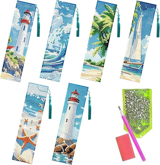 6Pcs 5D Diamond Painting Bookmarks Kit, Ocean Theme DIY Diamond Art Book Marks with Tassels, Diamond Dotz Bookmark Set for Adults Kids Beginners Craft Gift