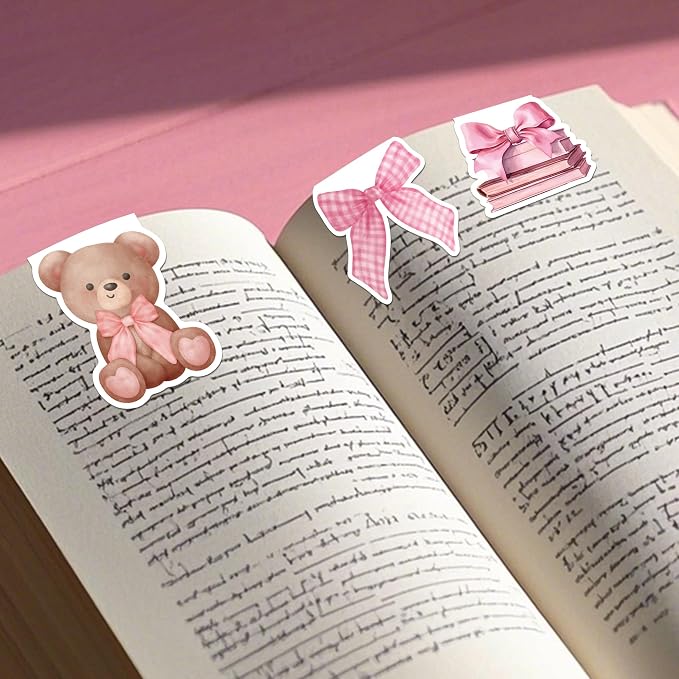 Pink Bows Magnetic Bookmarks, 12 Pcs Girly Magnet Book Mark Clips Gifts for Women Girls Students, Cherry Page Markers, Cute Stationery for Reading Journals Christmas Stocking Stuffers