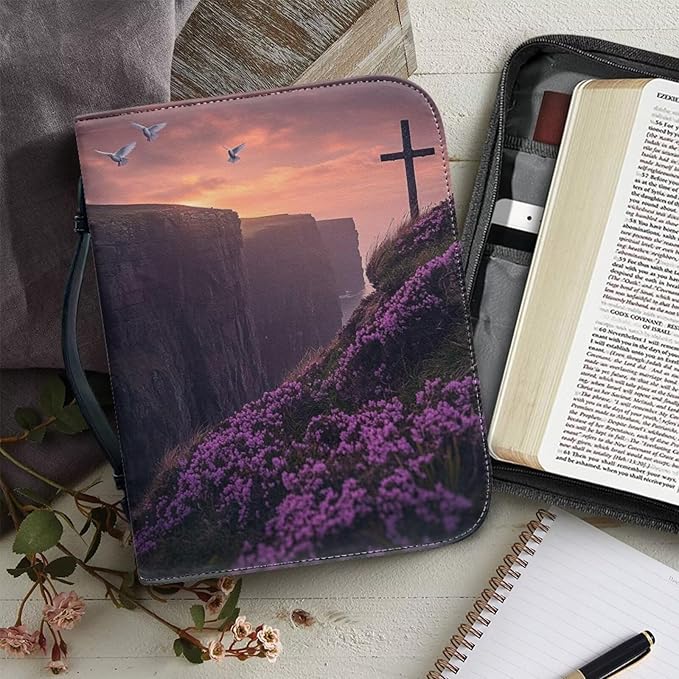 Purple Leather Bible Cover for Girls and Women, Book Case Church Bible Protective with Handle and Zippered Pocket,Cross White Dove and Lavender,X-Large