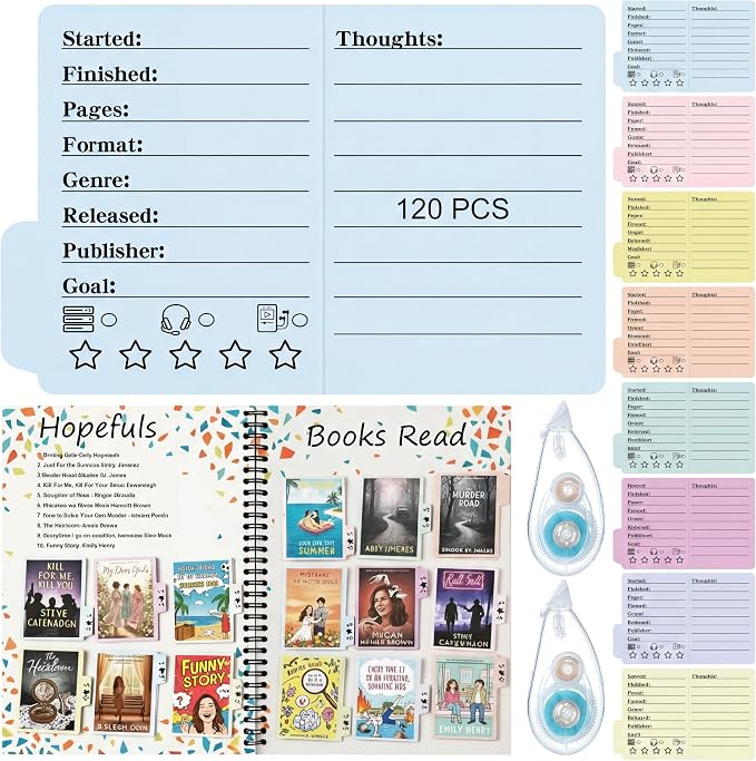 Glenmal 120 Pcs Mini Book Review Bookmarks Reading Journal File Log Page with 2 Pcs Double Sided Correction Tape Reading List Bookmark for Book Lovers Bookish Bookworms Student Gift(Multicolor)
