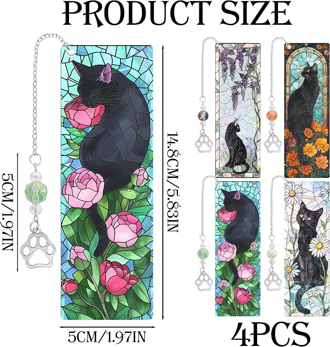Cute Cat Bookmark Gifts - 4 Pcs Funny Stained Glass Bookmarks for Women Men Book Lovers Cats Paw Pendant Tassels Beaded Page Marks Reading Accessories Bookish Gift for Birthday Back to School