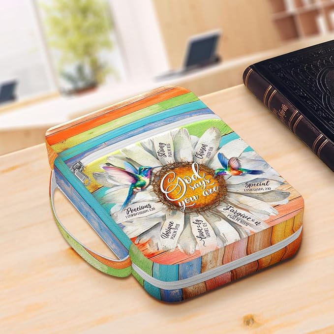 God Says You Are Bible Cover for Women with Handle and Zipper Pocket, Inspirational Canvas Bible Case with Hummingbird and Daisy Design, Fits Standard Size Bible, Christian Gift for Girls