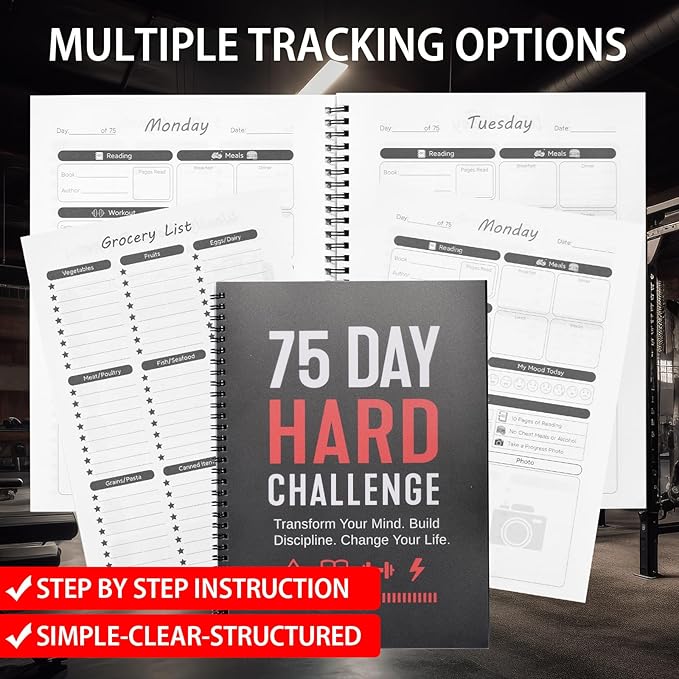 75 Hard Challenge Book, All-in-One Daily Progress Journal, Fitness Hydration Sleep Tracker, Thick Paper & Waterproof Spiral Planner for Home Gym Outdoor Use
