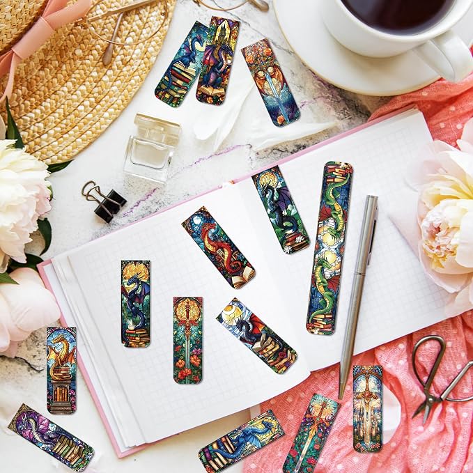 Dragon Sword Bookmark Magnetic Gifts - Wxiben 30 Pcs Stained Glass Window Dragon Bookmarks Magnets Fantastic Book Marks Page Marker Clip Gift for Women Men Students Teacher Reading Bookish