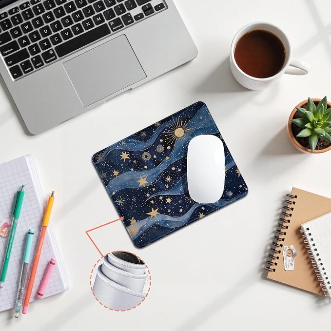Fantasy Starry Night Sky Mouse Pad, Celestial Sun Star Galaxy Gifts for Women, Blue and Gold Galaxy Mouse Pad for Home Office Computer Gaming Desk Essentials, 9.5x7.9 Inch