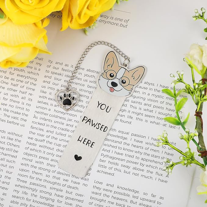Gosknor Corgi Dog Bookmark, Cute Metal Corgi Bookmark for Women & Men, You Pawsed Here, Stainless Steel, Silver & Black, Style 1