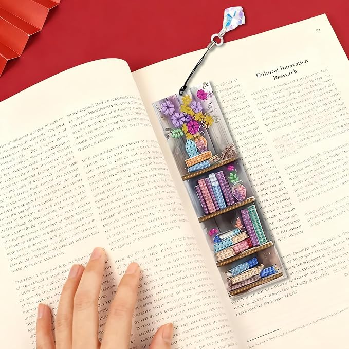 4 PCS Book Diamond Art Bookmarks for Adults, Bookshelf Diamond Painting Bookmarks with Pendant, 5d Gem Art, Acrylic Bookmark DIY Crafts for Books Decor Gift