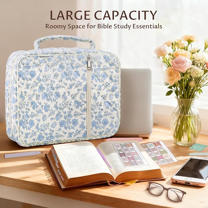 Quilted Bible Cover Case for Women with Bible Study Supplies Journaling Kit Floral Bible Bag Carrying Case with Pastel Highlighters Tabs, Women Christmas Christian Gifts (Blue Floral, L)