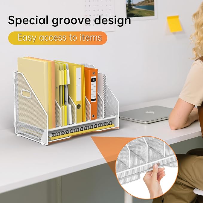 Docnest Desk File Holder Sorter, 5 Vertical Compartments Rack with Letter Tray, Mesh Magazine File Holder with Handle,Workspace Organizers,Desk Organizers for Paper, Mail, Documents-White