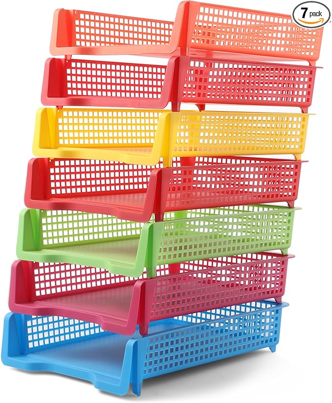 7 Pack Colorful Turn in Trays Classroom Plastic Stackable Paper Tray Teacher Office Files Document Storage Playroom Organization for Office Home Teachers Organization Storage, 9 x 13 x 3 Inches