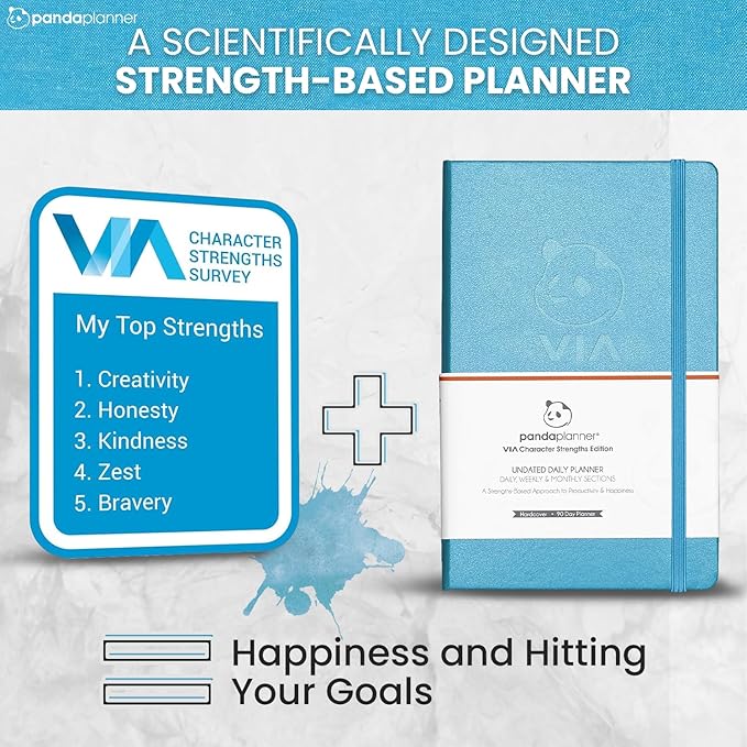 Panda Planner 2026 Undated Daily Planner 90 Day Planner – 3-Month Goal Setting & Productivity Journal – VIA Strength-Based Happiness & Organization Planner – Weekly & Monthly Agenda – 5.75" x 8.25" Hardcover Light Blue