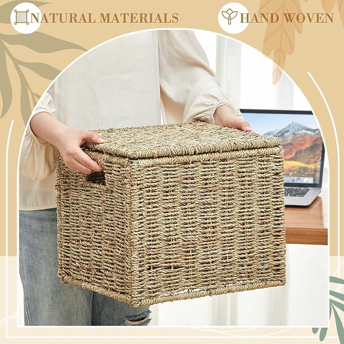Jingmore Woven Seagrass File Storage Boxes, Decorative Hanging File Organizer with Lid for Home Office, Letter Size, 2 Pack