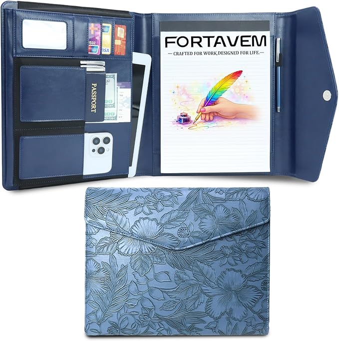 Embossed Professional Trifold Padfolio with Magnetic Closure – A4 Letter Portfolio Organizer for Business Meetings, Interviews & Presentations, Document Folder with Notepad Holder Blue