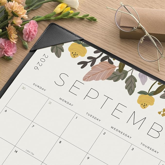Desk Calendar 2026 with Desktop Mat, Cabbrix Large Desk Pad Calendar 22 x 17 Inch 18 Months Runs From July 2026 to December 2027, Floral Design Calendar 2026 for Home School and Office (Black)