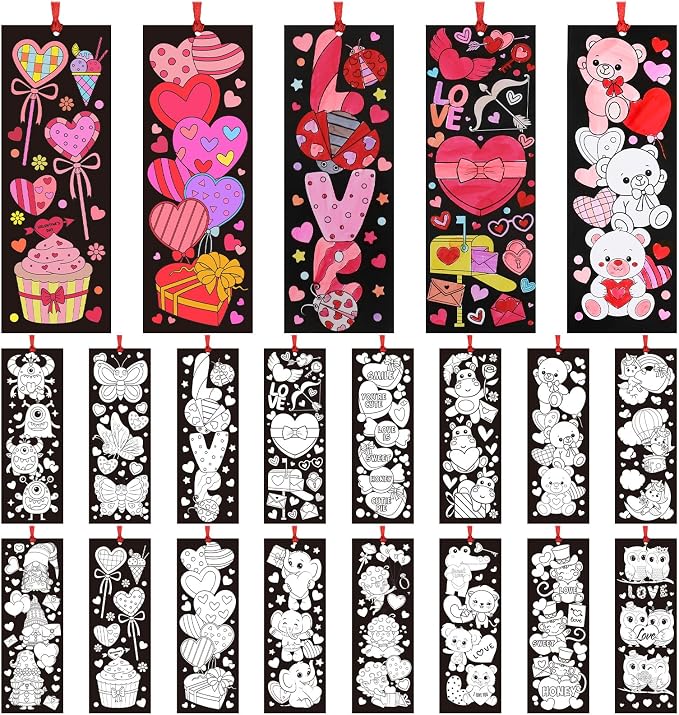 Frienda 80 Pcs Valentine's Day Color Your Own Bookmarks with Ribbon Bulk DIY Coloring Bookmarks Heart Gnome Bear Butterfly Cupid Owl Blank Paint Valentine Crafts for DIY Party