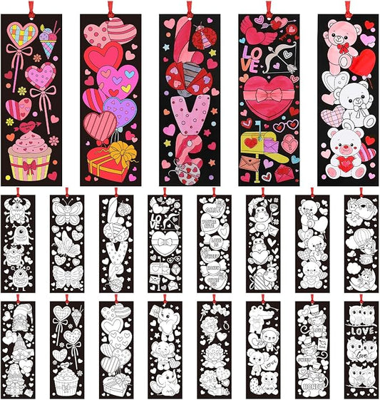 Frienda 80 Pcs Valentine's Day Color Your Own Bookmarks with Ribbon Bulk DIY Coloring Bookmarks Heart Gnome Bear Butterfly Cupid Owl Blank Paint Valentine Crafts for DIY Party