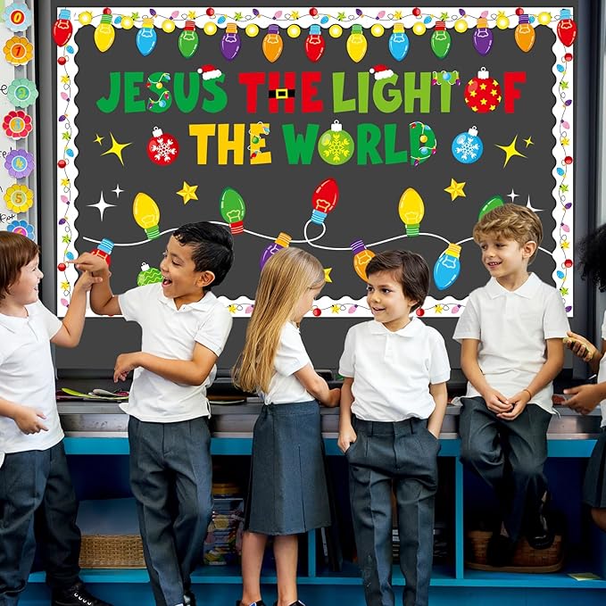 Christmas Bulletin Board Decorations Christian Jesus The Light of The World Paper Cutouts Bible Verse Colorful Light Bulb Bulletin Board Set for Xmas Winter Sunday School Church Wall Decoration Favor