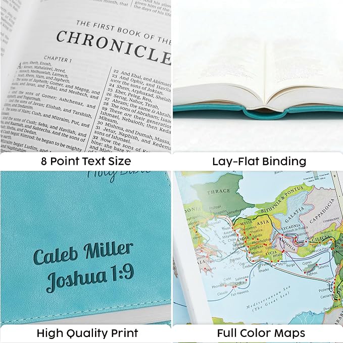 Printualist Personalized KJV Deluxe Holy Bible with Name Engraved, Red Letter King James Version, Faux Leather Turquoise Cover, Custom Gift Bible for Christian Celebrations
