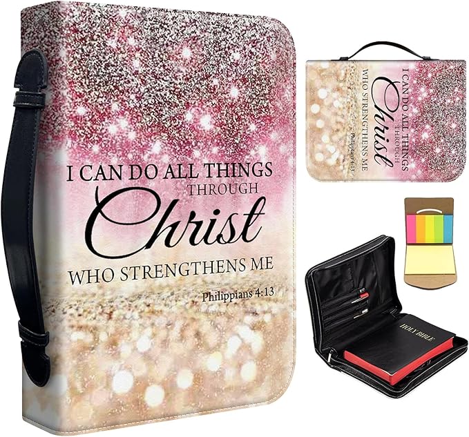 Bible Cover Case for Women Men,Large Leather Bible Case Fit Book Up to 11x8x2 Inch,I can do All Things Through Christ Bible Covers Bible Study Carrier Church Bags w/Handle Zipper