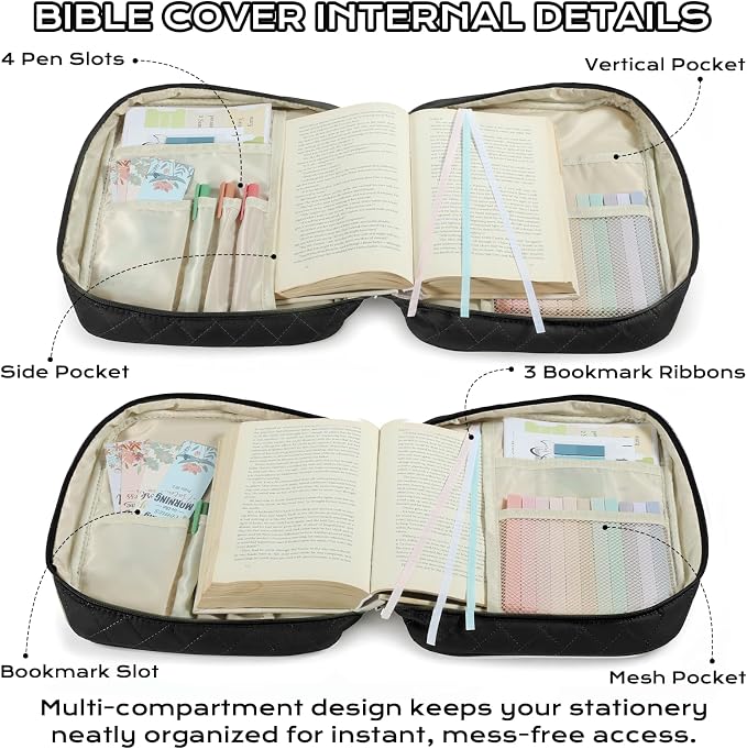 XKDOUS Quilted Bible Cover Case with Bible Study Accessories Kit, Waterproof Large Capacity Bible Bag for Women, Portable for Church Study, Multiple Morandi Color Options (Black)