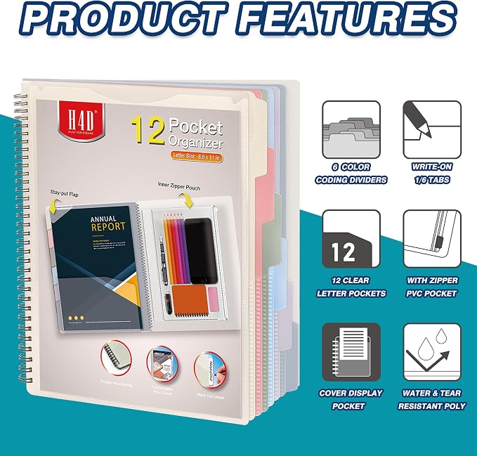 H4D 12 Pocket Morandi Color Spiral Multi Pocket Folder Poly Project Organizer
