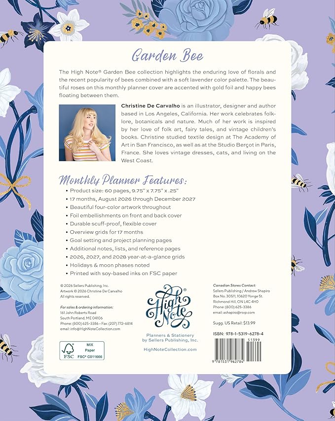 High Note 2027 Monthly Planner, 17-Month Planner: August 2026 – December 2027, 7.75" x 9.75", Garden Bee with Flexible Cover, Gold Foil, Project & Goal Planning Pages