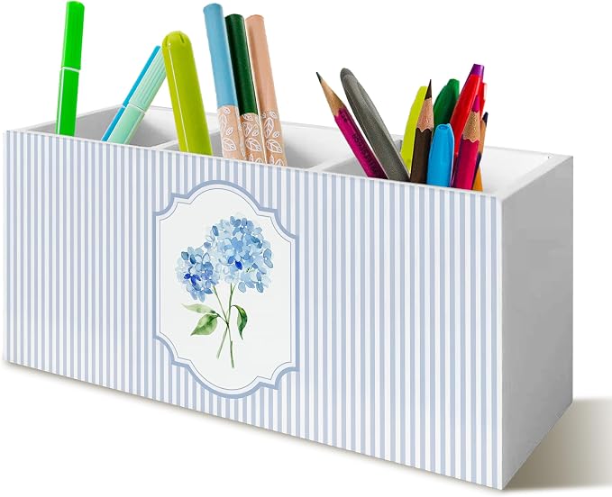 Blue Hydrangea Pen Pencil Holder Organizer for Desk, Blue and White Striped Floral Cottagecore Wooden Box Block Sign for Home Office Tabletop Decor