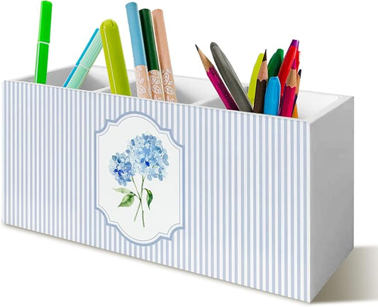 Blue Hydrangea Pen Pencil Holder Organizer for Desk, Blue and White Striped Floral Cottagecore Wooden Box Block Sign for Home Office Tabletop Decor