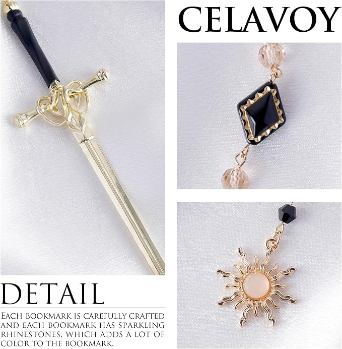 Fantasy Celestial Sword Bookmark - Funny Tarot Metal Book Marks for Women Men Students Teachers Reader Page Mark with Crystal Beads Sun CharmReading Lovers Birthday Gifts School Accessories