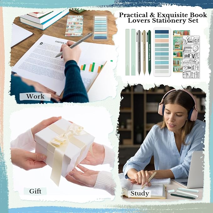 Spakon 7 Pcs Book Lovers Gifts for Readers Bookish Book Annotation Kit Aesthetic Pastel Highlighters No Bleed Gel Pens Reading Tabs Bookmark for Women Library Student Bible(Green Series)