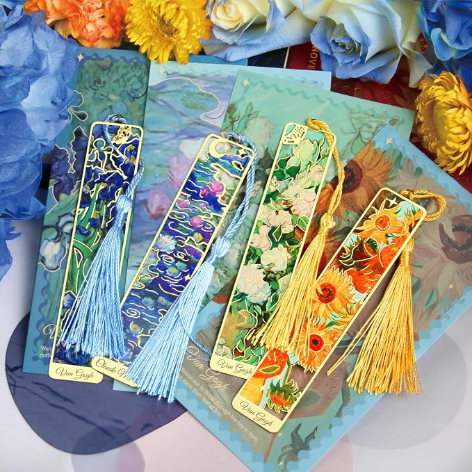 Kinsound Metal Bookmarks with Tassel, Golden Van Gogh Monet Oil Painting Theme Cute Hollow Book Markers for Reading Women, Teachers, Students, Reading Accessories Gifts for Book Lovers (Style A(4PCS))
