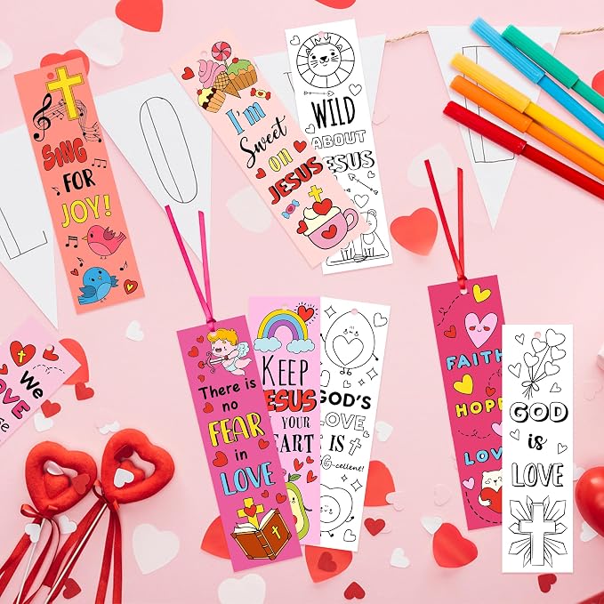 75Pcs Valentine Color Your Own Bookmarks for Kids Christian Theme DIY Coloring Blank Bookmark Classroom Art Craft Supplies for Teacher Student Valentine’s Day Party Reward Goodie Fillers Exchange Gift