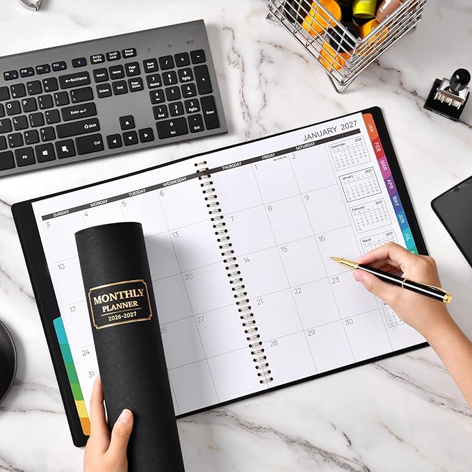 Monthly Planner 2026-2027 - Planner 2026-2027, Jul. 2026 - Dec.2027, 18 Monthly Planner with Colorful Tabs, 8.86" x 11.4", Saffiano Leather, Black Leather