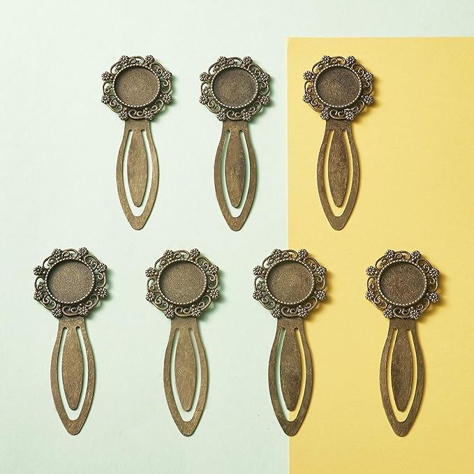 FASHEWELRY 10Pcs Antique Bronze Bookmark Pendant Blank Tray 18mm Flower Round Bezel Base Cabochon Setting Charms