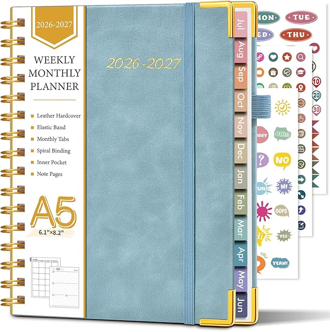 Academic Planner 2026-2027, Hardcover Leather Weekly and Monthly Calendar Planner from July 2026 - June 2027, A5 6.1" x 8.2" Daily Agenda with Tabs, College School Organizer for Student Teacher, Dusty Blue