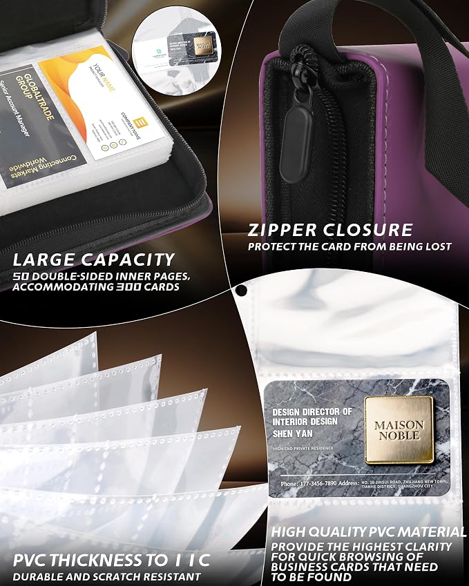 Leather Business Card Book Holder Organizer, Professional Name Card Book Holder with 300 Card Capacity, Portable PU Credit Card Wallet File Sleeve Storage for Men Women,50 Pack Sleeves (Dark Purple)