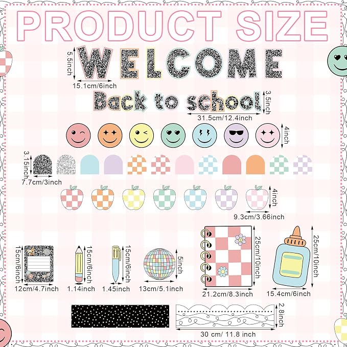 Mooliwe 94pcs Composition Notebook Bulletin Board Welcome Back to School Classroom Bulletin Board Decor Smile Face Stationery Paper Cutout for First Day of School Chalkboard Wall Door(Classic)