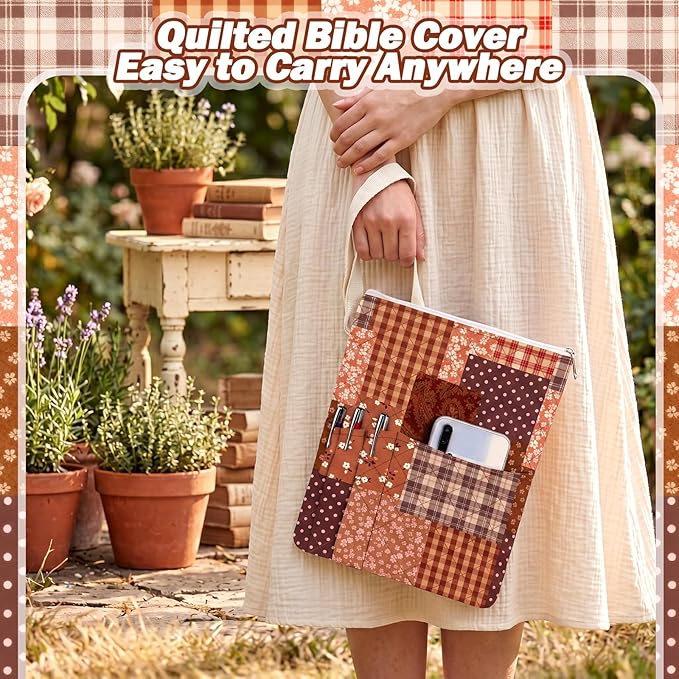 Gilprop Bible Book Sleeve with Zipper 11" x 9" Padded Protector Washable Quilted Book Covers Printed Bible Pouch with Handle Pockets Protector for Books Lover Christian Gifts (Brown Spliced Style)