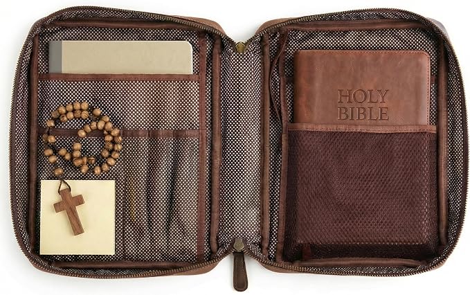 LEATHER VILLAGE Handmade Vintage Genuine Leather Embossed Bible Cover for Men & Women - Large Protective Bible Case & Organizer for Church, Travel & Study Christian Religious Antique Bookmark- Brown