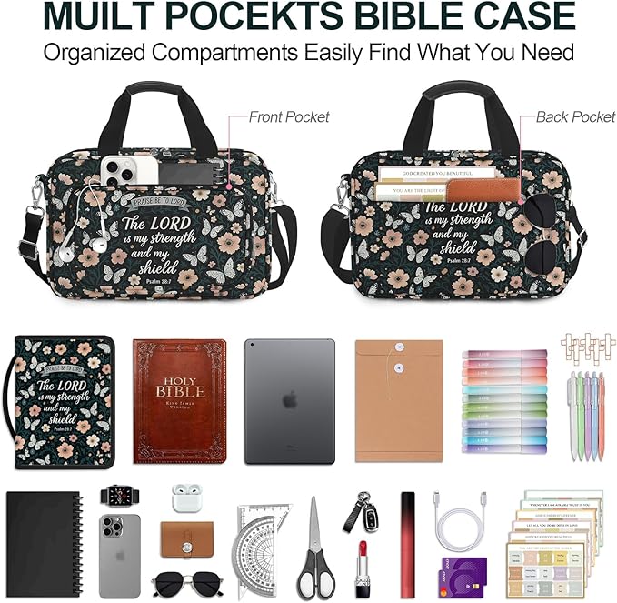 Butterfly Floral Bible Cover Case for Women Bible Study Supplies Accessories Boho Church Bag Christian Gift Book Carrying Case with Shoulder Strap Handle Journaling Kit Large Bible Book Sleeve