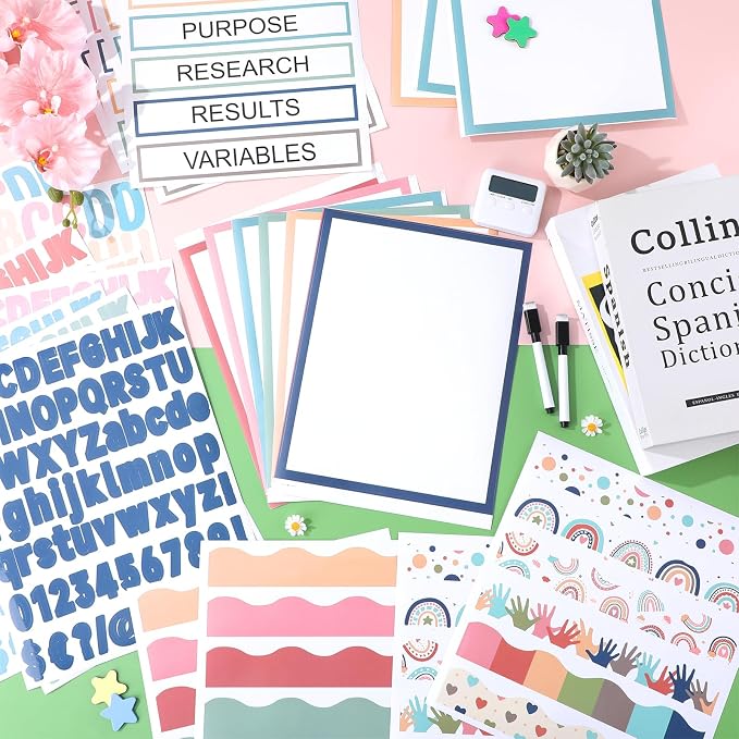 129Pcs Boho Science Fair Board Supplies Includes Self Adhesive Science Fair Project Titles Subtitles Presentation Bulletin Border Letter Stickers Trim Scalloped Bulletin Borders for Classroom Office