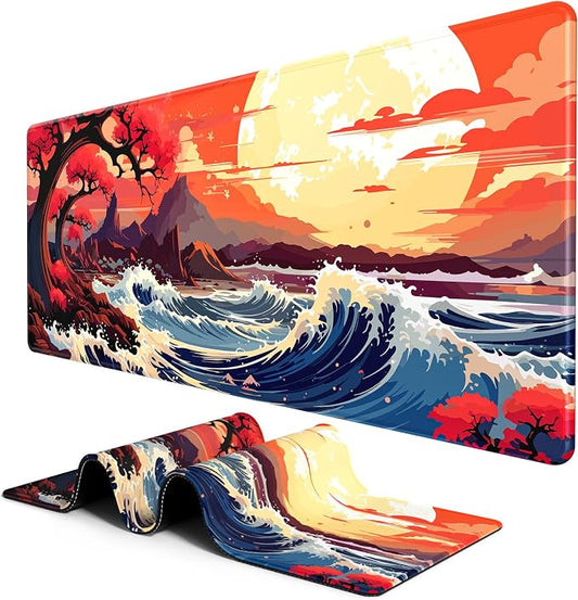 BOSOBO Large Desk Mat, Extended Gaming & Office Home Mat, Long Keyboard Mat, Desktop Full Cover 31.5 x 11.8 Inches, Anime Japan Kanagawa Wave