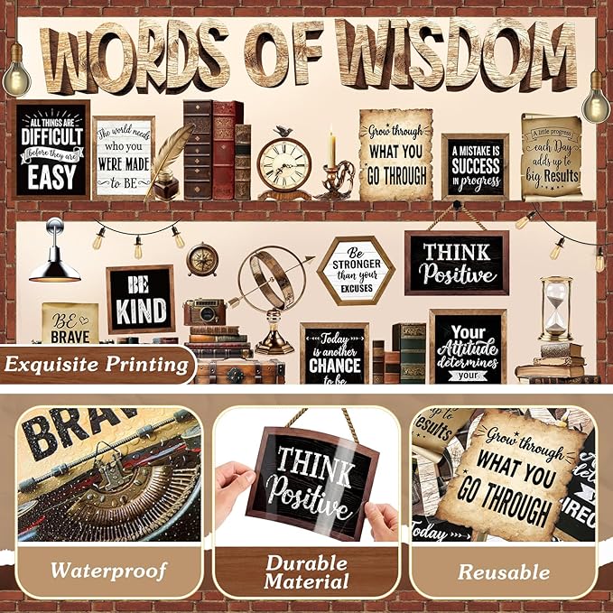 Mooliwe 57 Pcs Industrial Chic Bulletin Board Set Inspirational Rustic Classroom Decoration Farmhouse Bulb Typewriter Brick Cutout for School Office Chalkboard Door Wall Decor