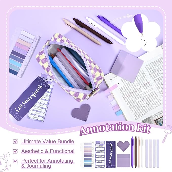 14 PCS Aesthetic Book Annotation Kit Large Checkered Pencil Case Book Lover Bookmark Dual Highlighters Gel Pens Study Supplies Stationary Set for Student Purple