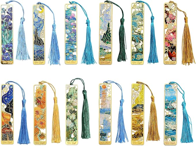 Esoes 12-Pack Metal Bookmarks with Tassels, Golden Hollow-Out Oil Painting Theme Bookmarks | Book Markers for Reading, Gifts for Book Lovers, Writers, Readers, Adults, Women