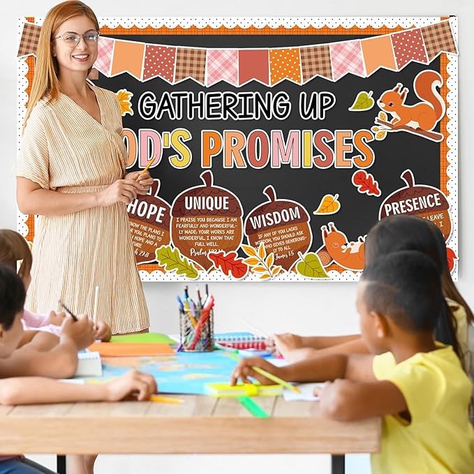 Fall Thanksgiving Religious Bulletin Board Set Autumn Squirrels Classroom Decorations Bible Verse Gathering Up God's Promises Paper Cutouts for Home Christian School Church Chalkboard Wall Door Decor